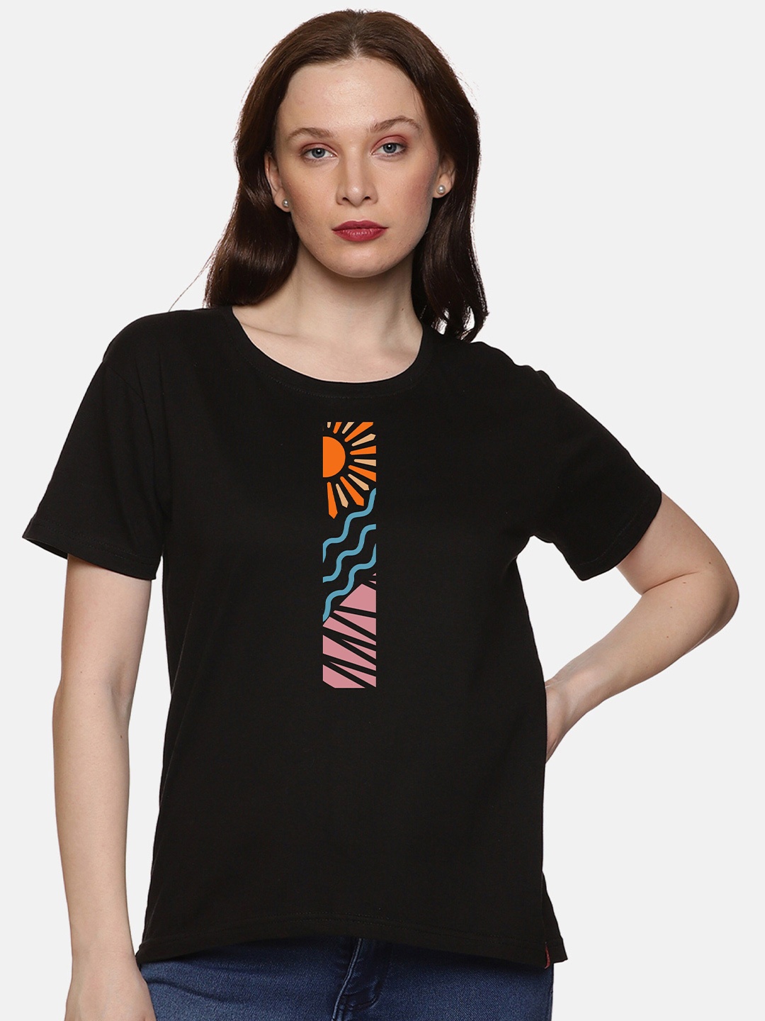 

NOT YET by us Abstract Round Neck Cotton T-shirt, Black