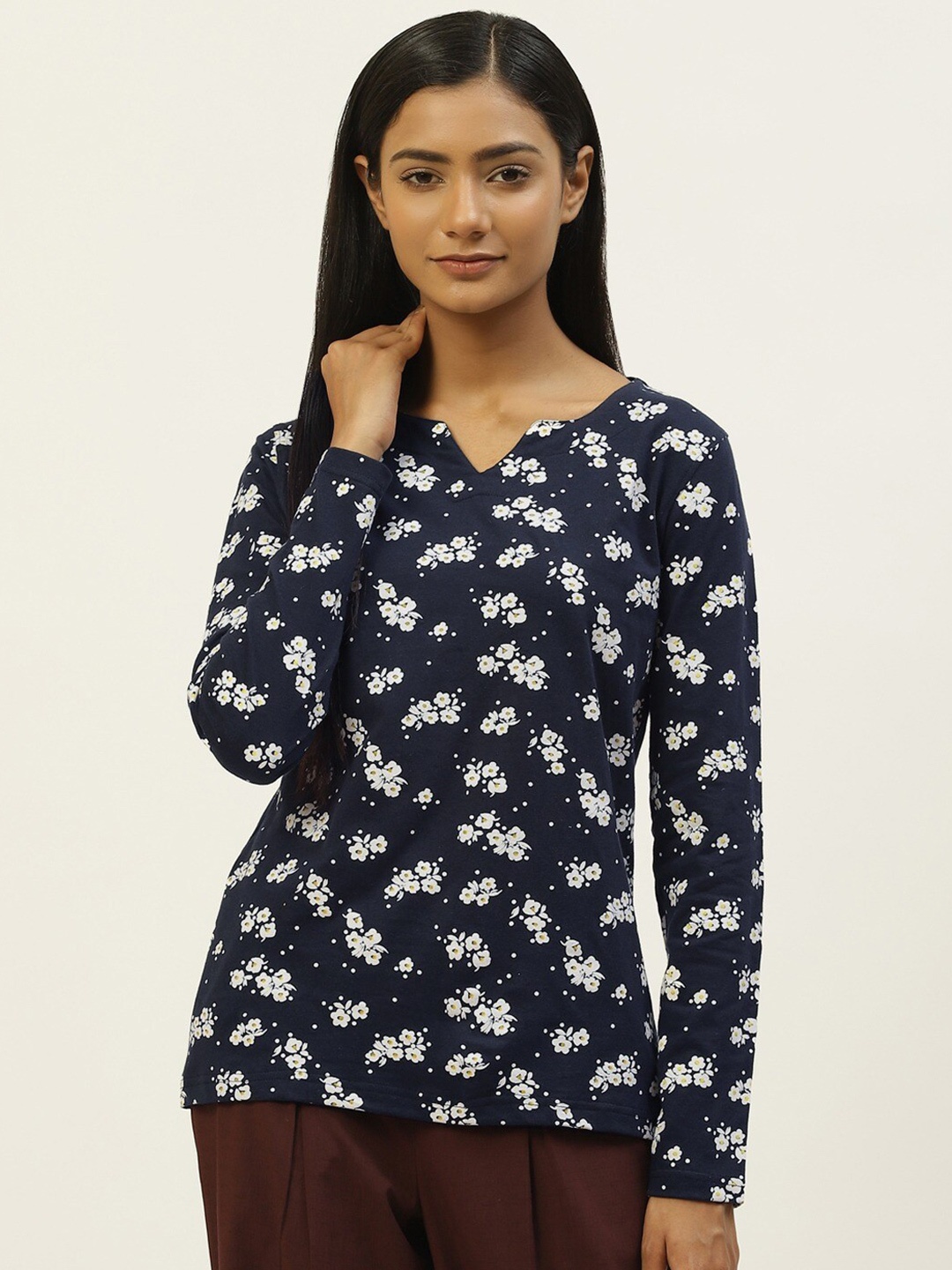 

Kryptic Floral Printed Notched Neck Pure Cotton T-shirt, Navy blue