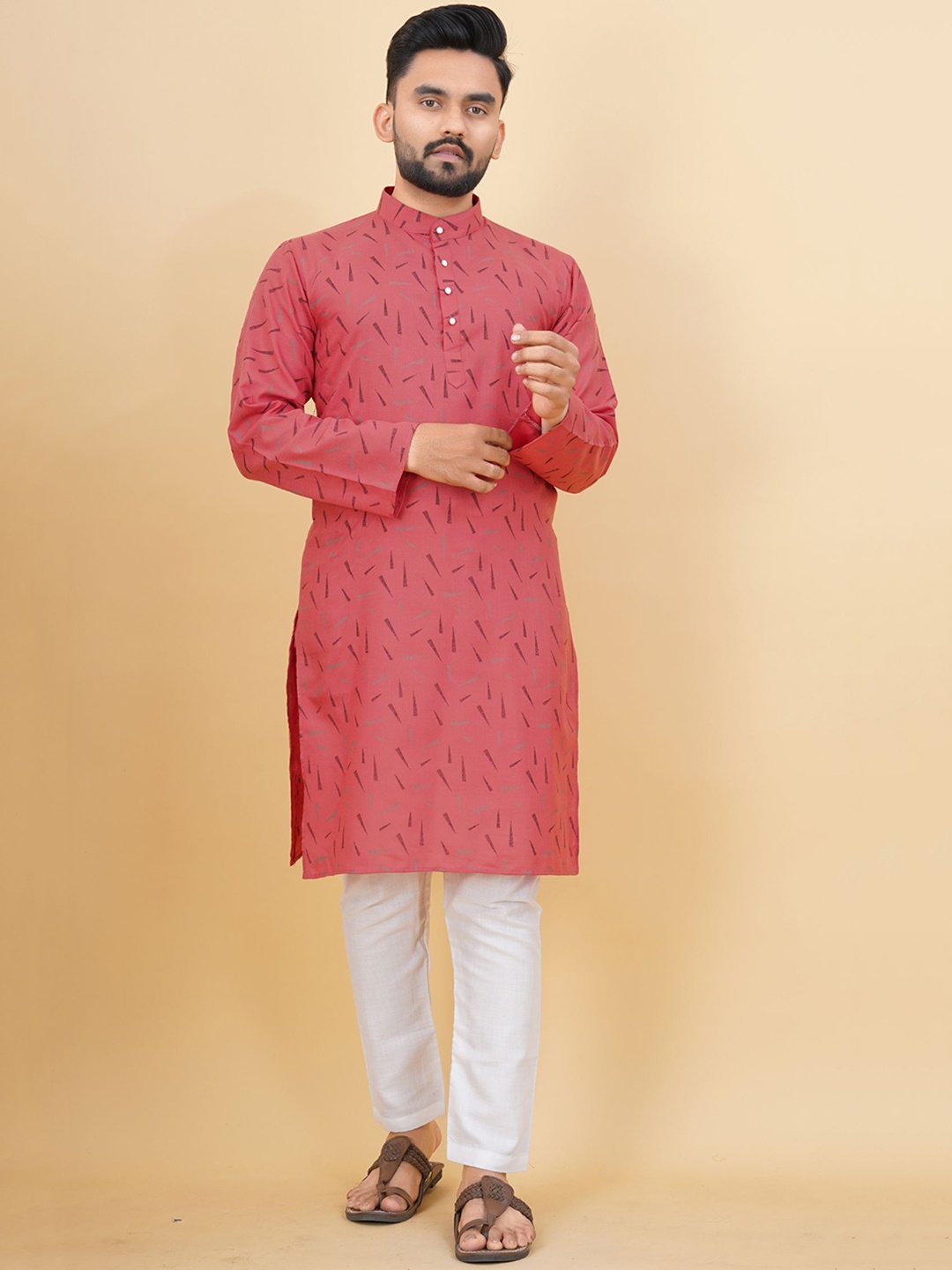 

PREMROOP- THE STYLE YOU LOVE Band Collar Geometric Printed Straight Cotton Kurta, Peach