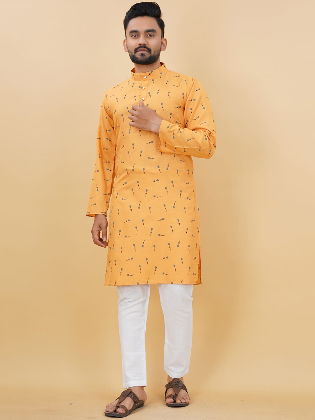 

PREMROOP- THE STYLE YOU LOVE Band Collar Floral Printed Straight Cotton Kurta, Orange