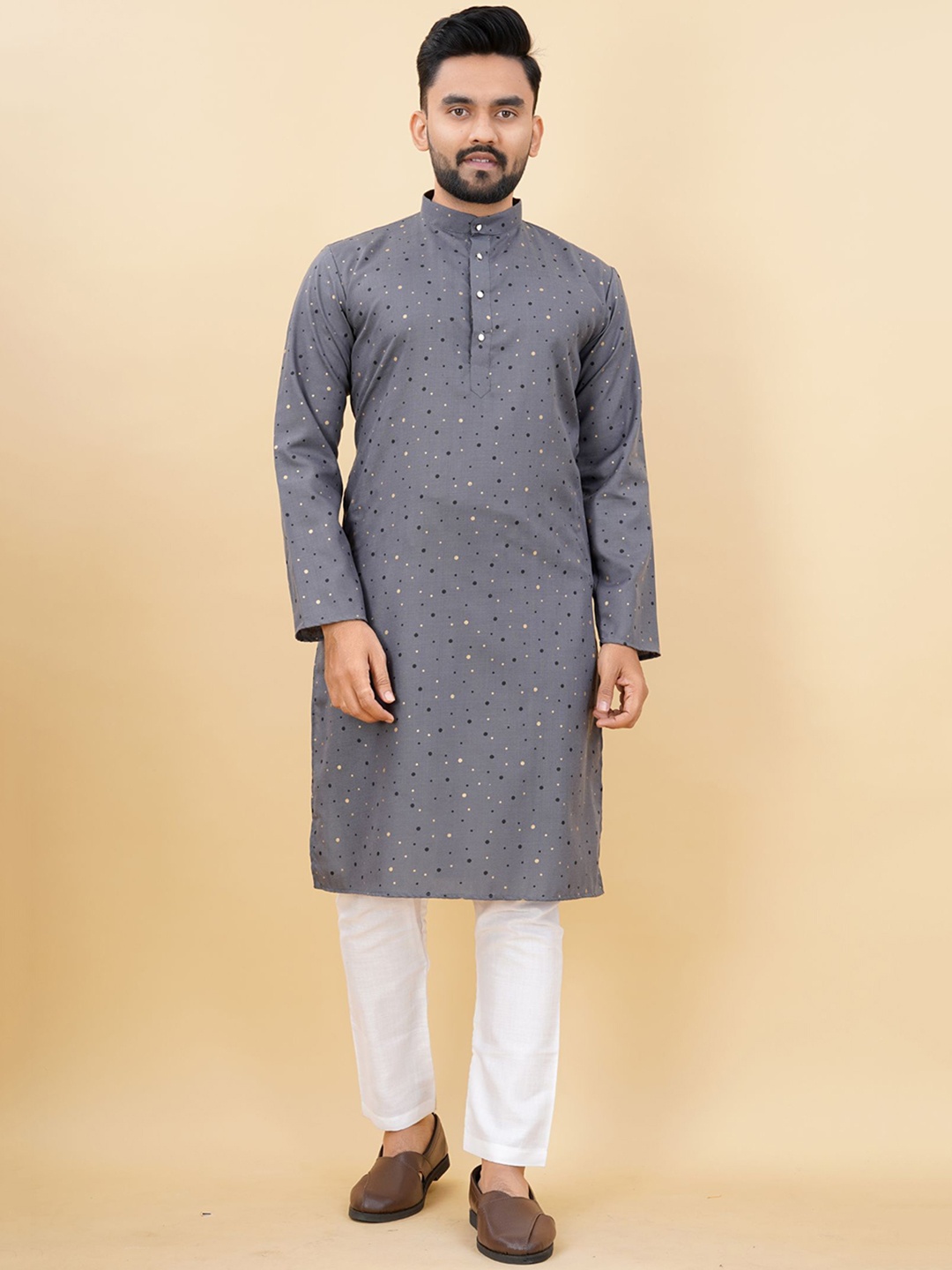 

PREMROOP- THE STYLE YOU LOVE Band Collar Polka Dots Printed Straight Cotton Kurta, Grey