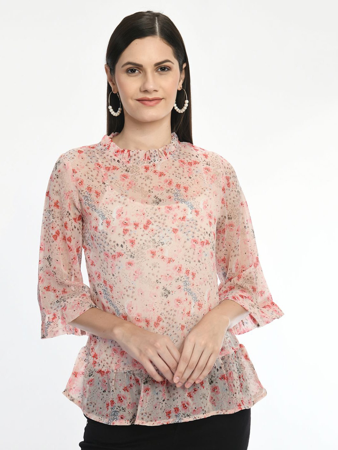 

Toshee Floral Printed High Neck Frill Details Top, Pink