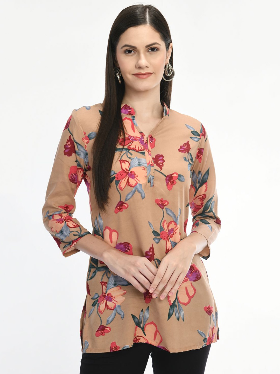 

Toshee Floral Printed Mandarin Collar Top, Beige