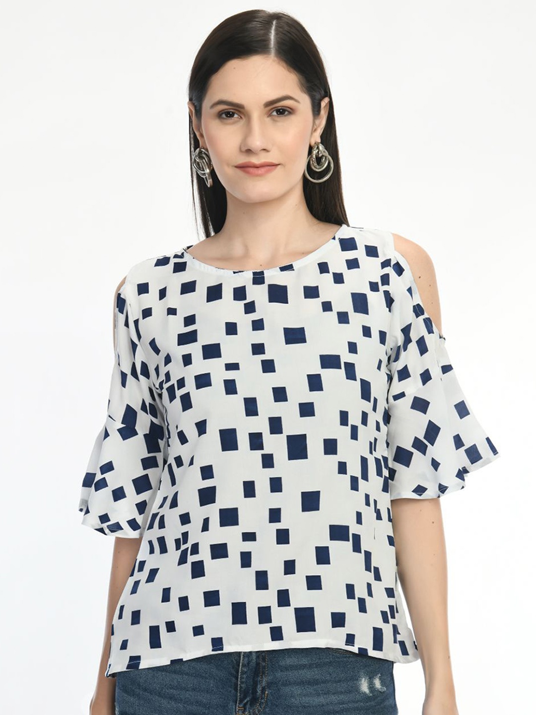 

Toshee Geometric Printed Round Neck Cold-Shoulder Sleeves Top, White
