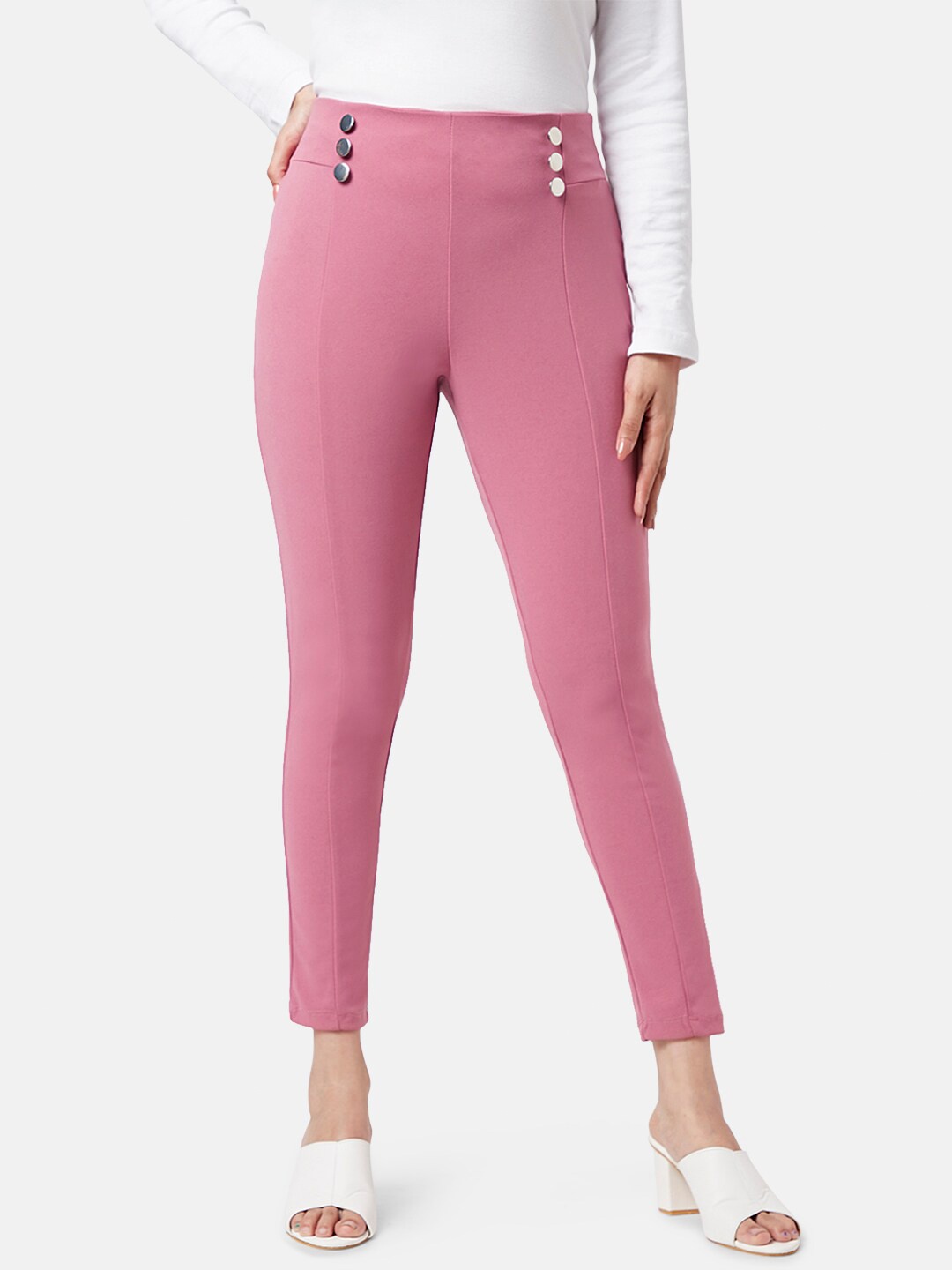 

YU by Pantaloons Women Slim Fit Treggings With Button Detail, Pink