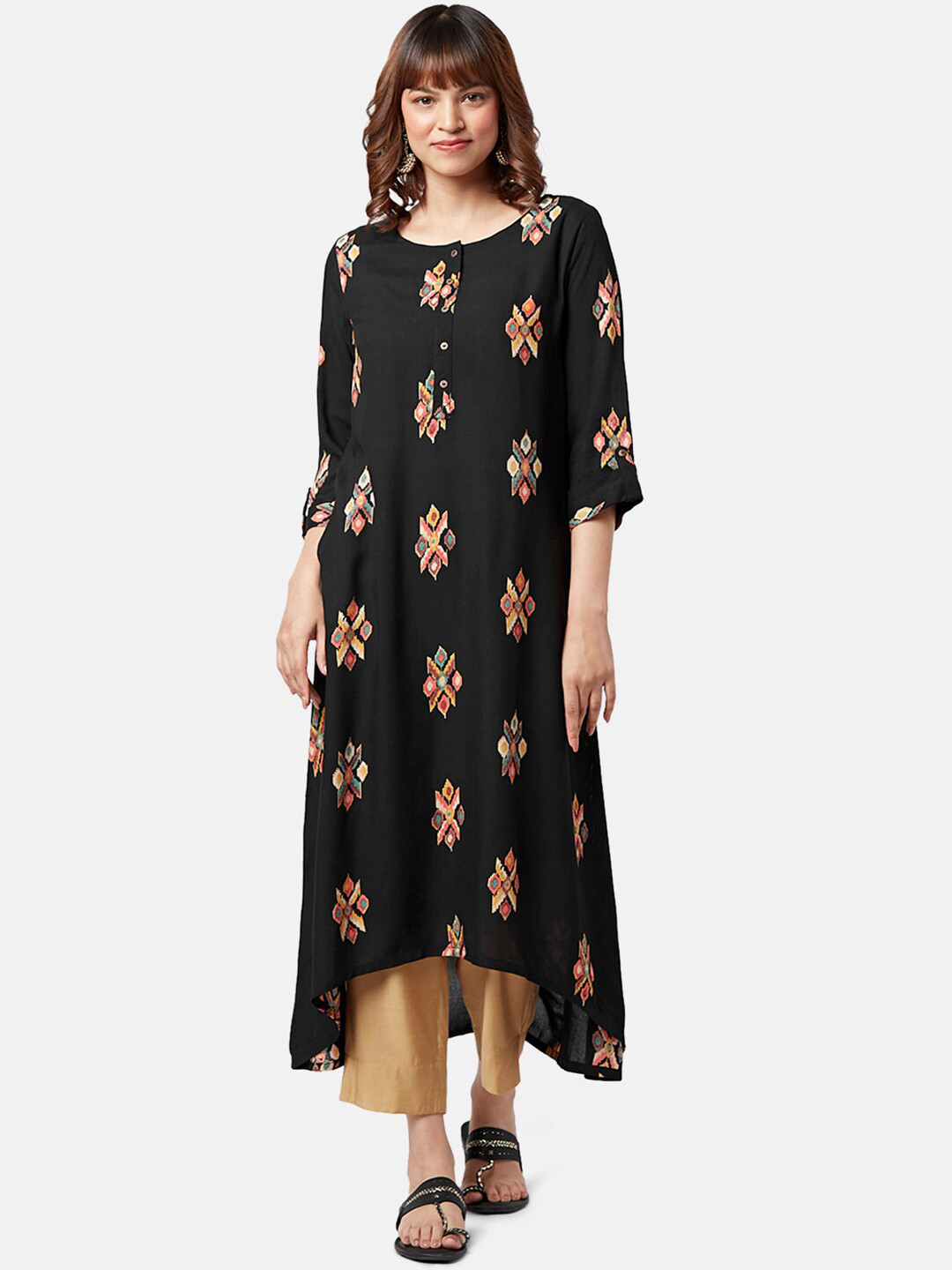 

YU by Pantaloons High Low Ethnic Motifs Printed A-Line Kurta, Black