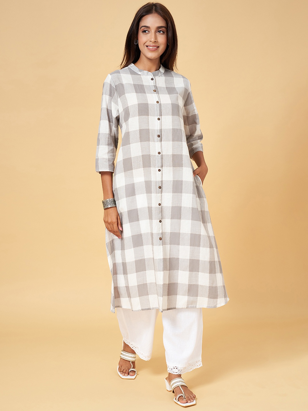 

YU by Pantaloons Band Collar Checked A-Line Kurta, Grey