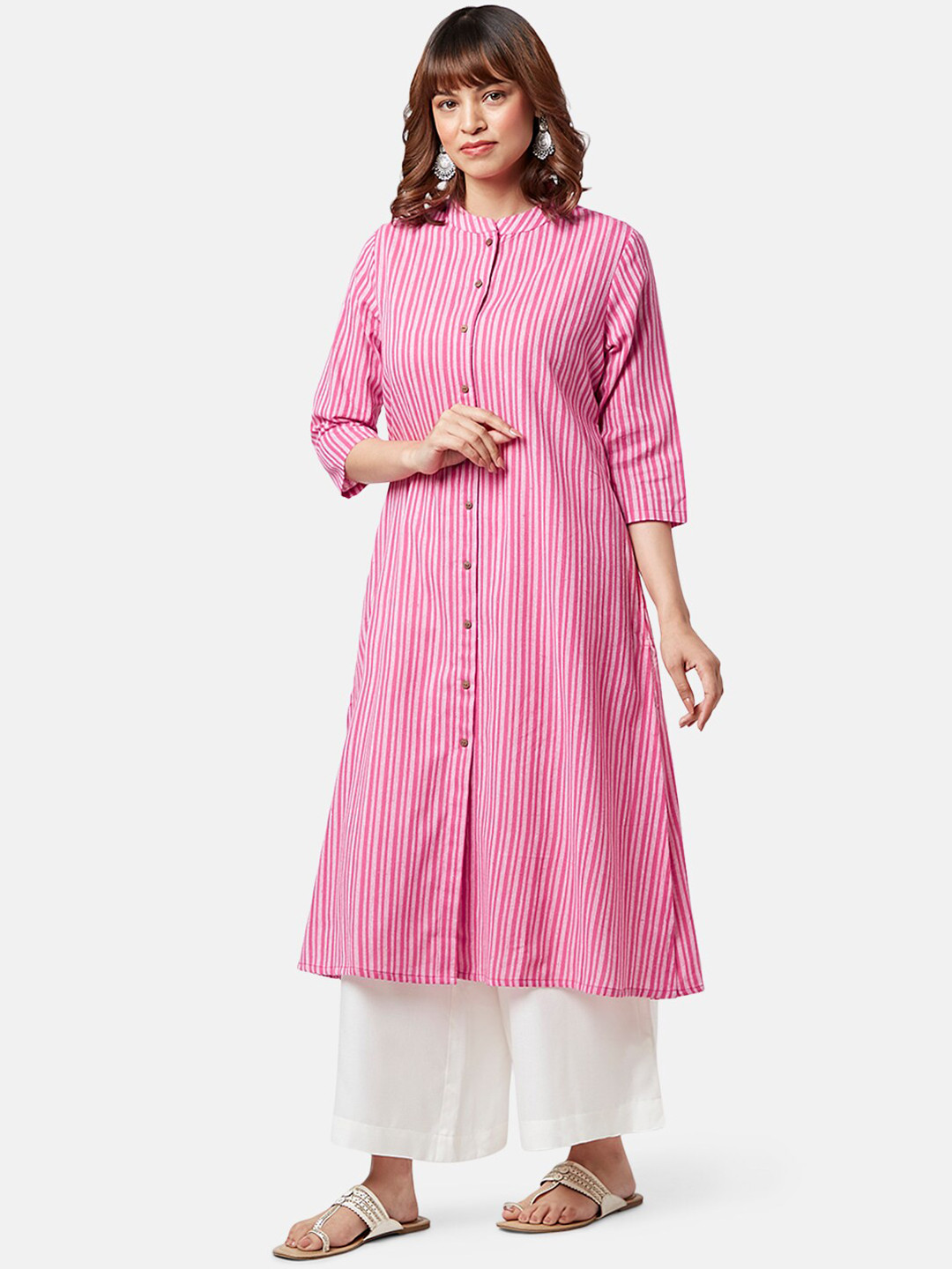 

YU by Pantaloons Band Collar Striped A-Line Kurta, Pink