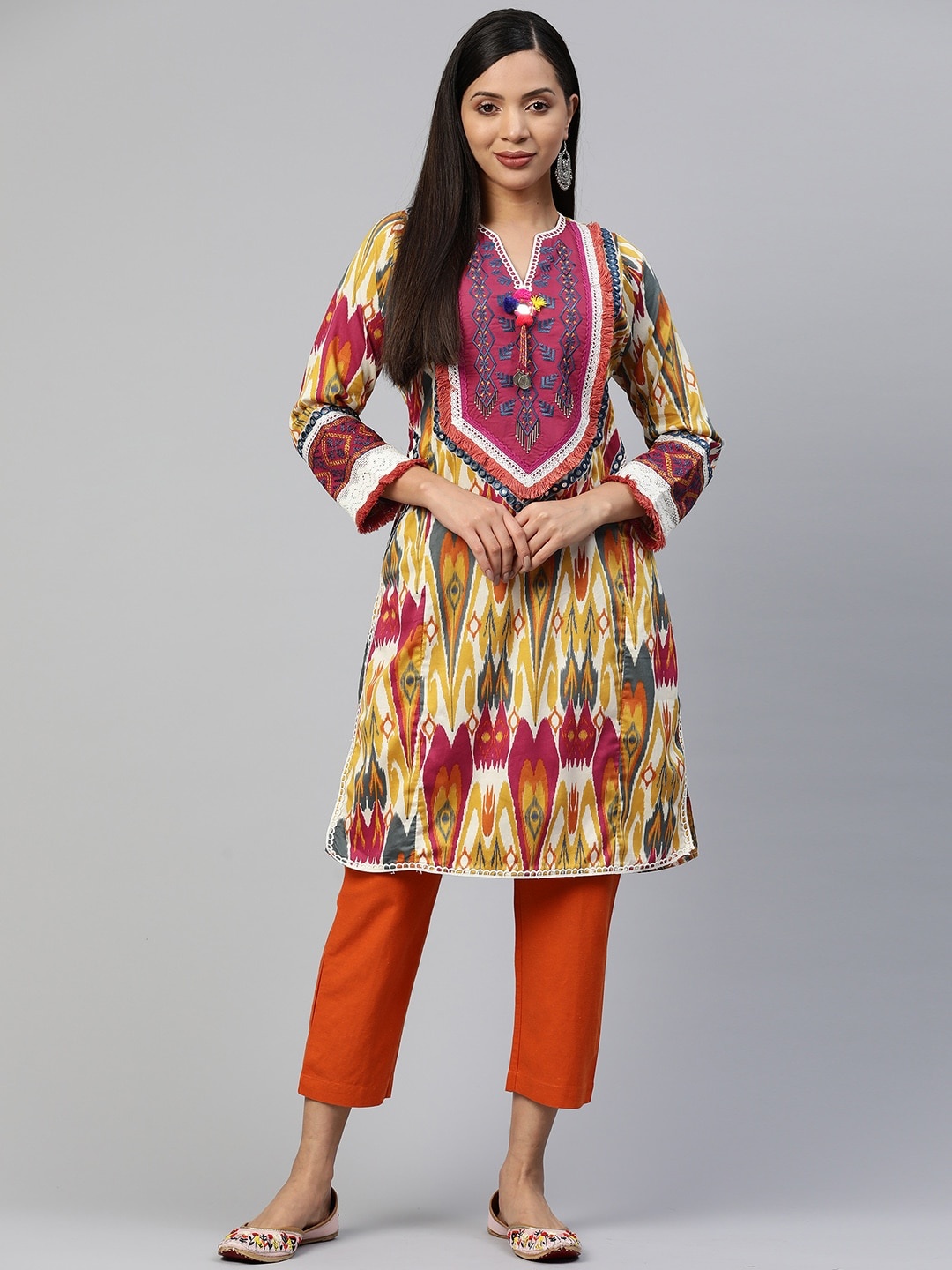 

Nayam By Lakshita Printed Mirror Work Pure Cotton Kurta, Mustard