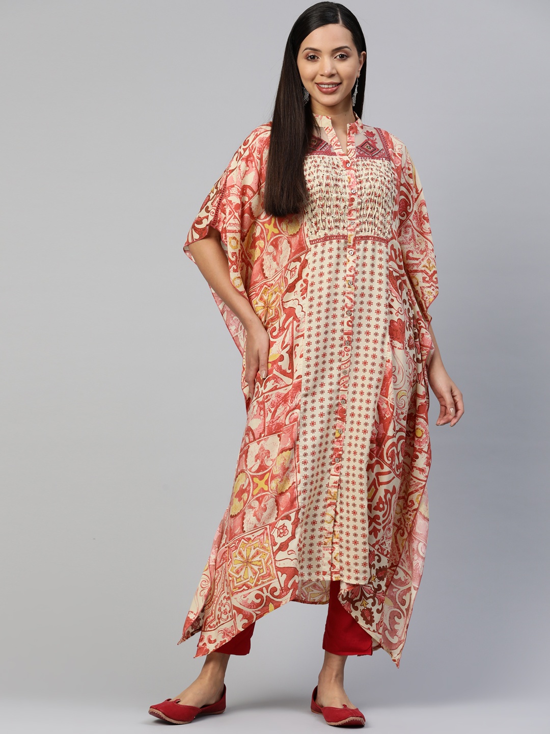 

Nayam By Lakshita Geometric Printed Flared Sleeves Thread Work Floral Brasso Kaftan Kurta, Orange