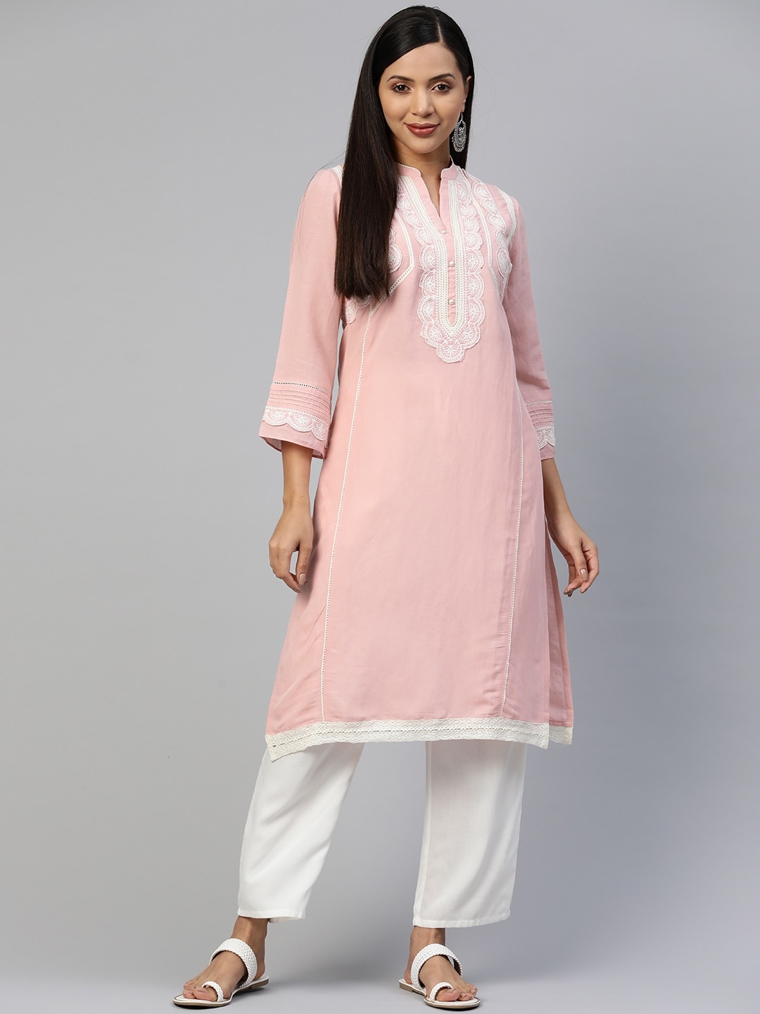 

Nayam By Lakshita Floral Embroidered Linen Blend Kurta, Pink