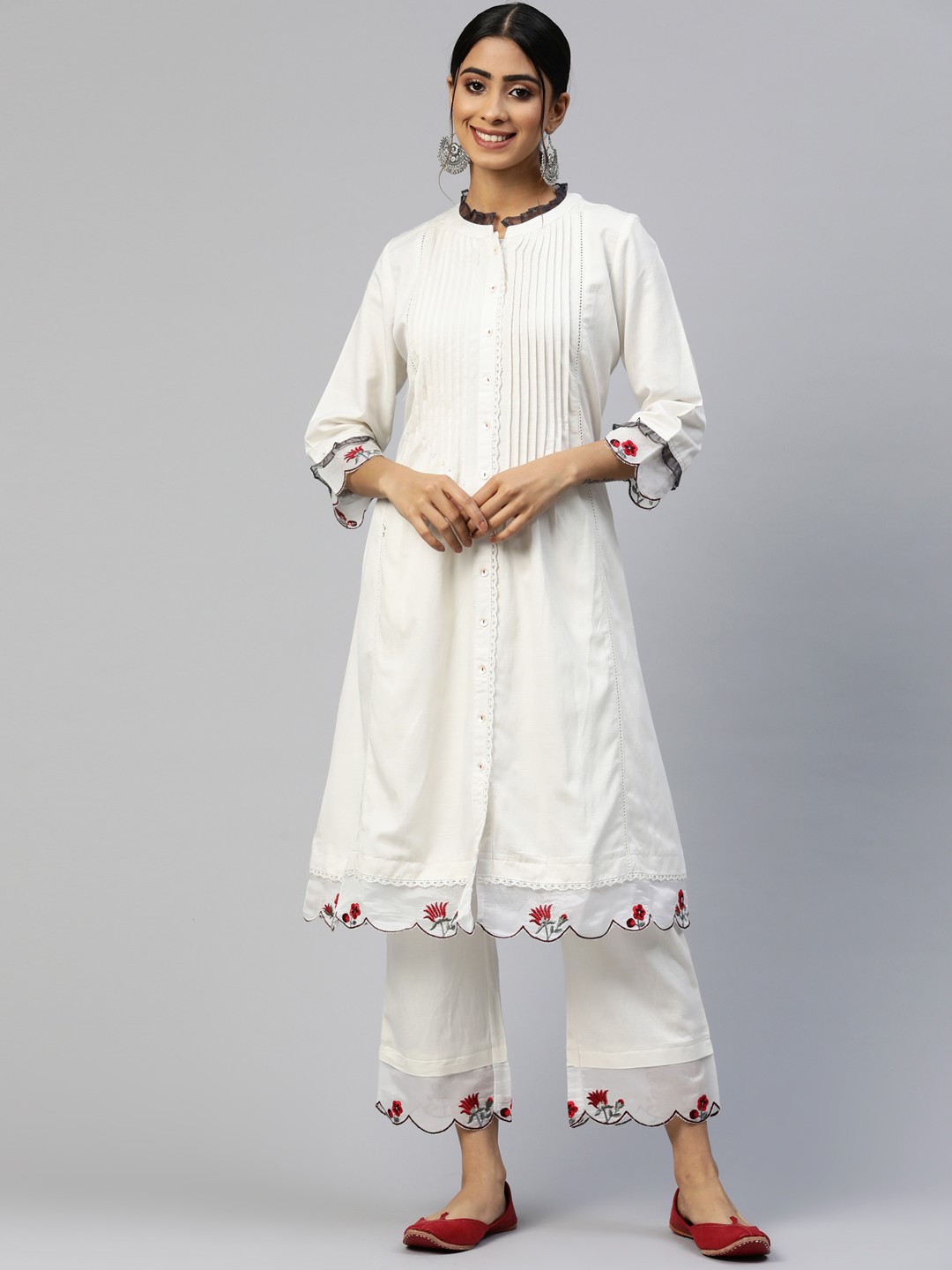 

Nayam By Lakshita Floral Embroidered Pure Cotton Tunic & Palazzos Co-Ords, Off white