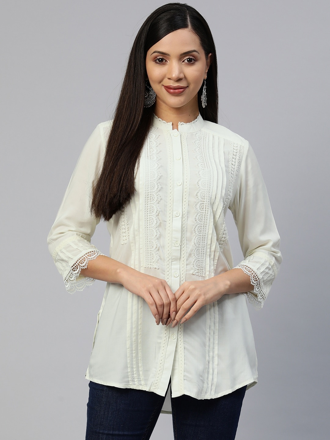 

Nayam By Lakshita Mandarin Collar Lace Detailed Kurti, White