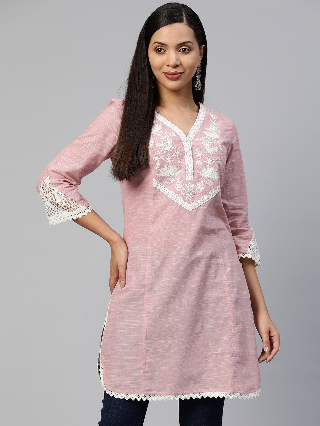 

Nayam By Lakshita Floral Embroidered V-Neck Pure Cotton Chikankari Kurti, Peach