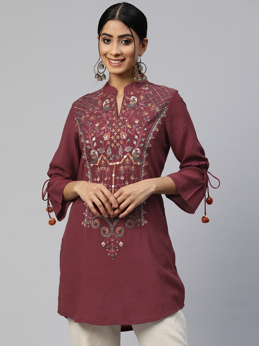 

Nayam By Lakshita Viscose Rayon Mandarin Collar Embroidered Tunic, Burgundy