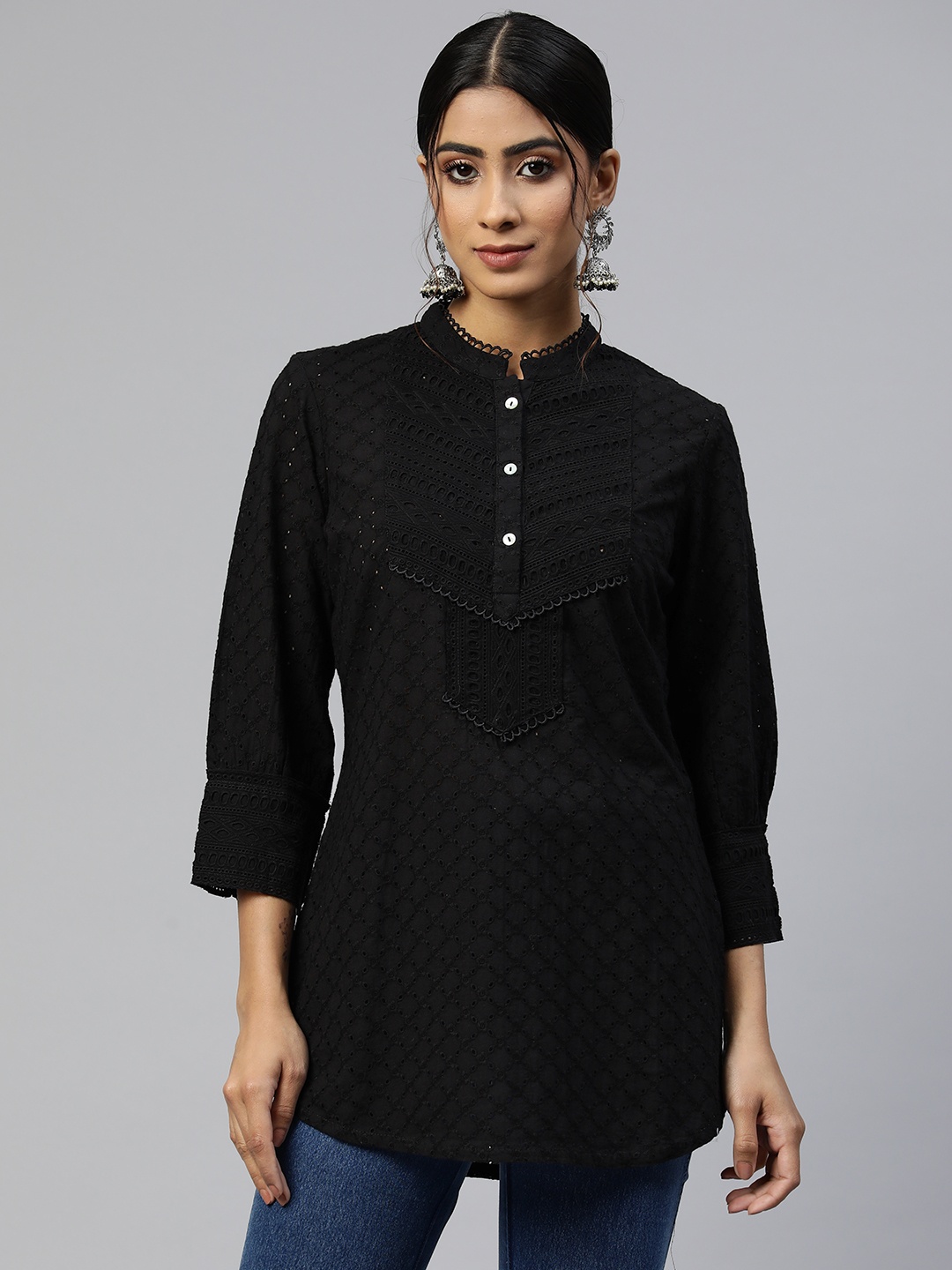 

Nayam By Lakshita Mandarin Collar Cotton Schiffli Top, Black