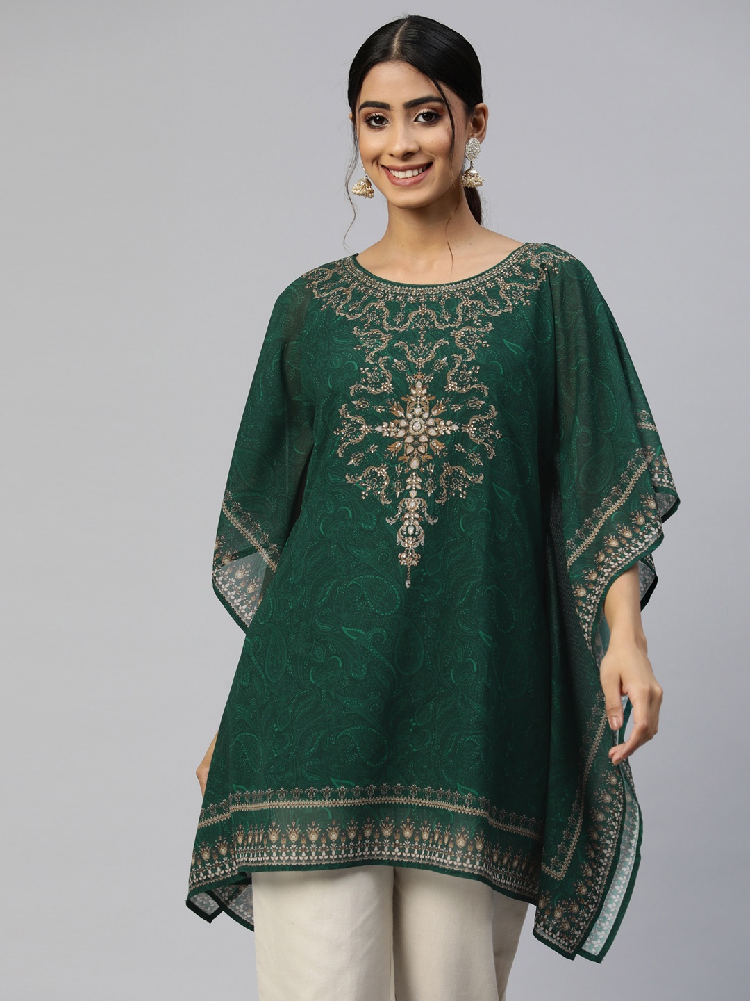 

Nayam By Lakshita Ethnic Motifs Yoke Design Sequinned Georgette Sequinned Kaftan Kurti, Green