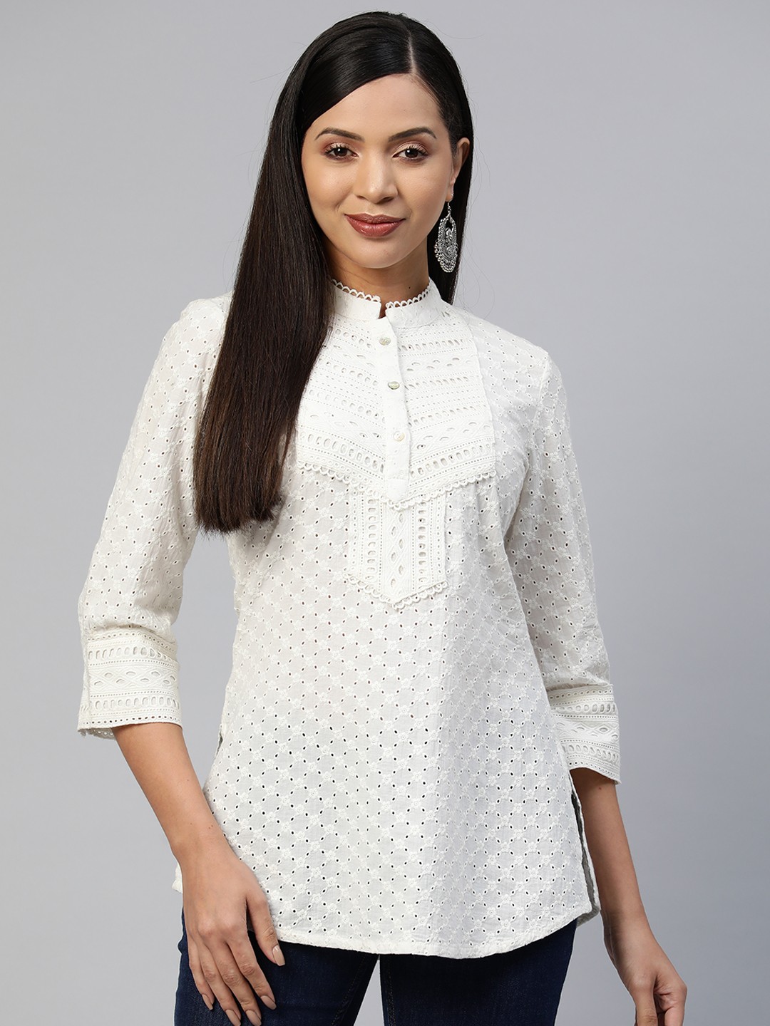 

Nayam By Lakshita Mandarin Collar Cotton Schiffli Top, White