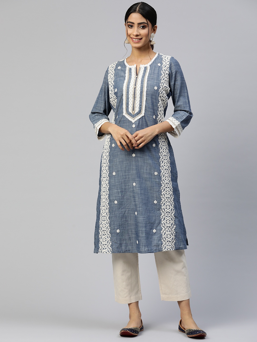 

Nayam By Lakshita Ethnic Motifs Embroidered Cotton Kurta, Blue