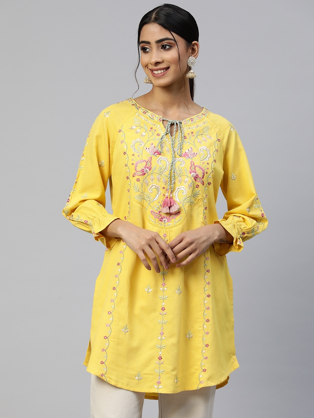 

Nayam By Lakshita Floral Embroidered Thread Work Pure Cotton Thread Work Kurti, Yellow