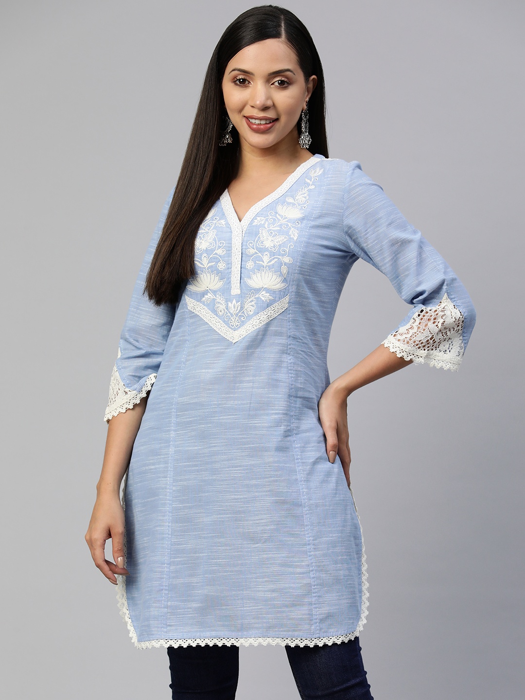 

Nayam By Lakshita Floral Embroidered V-Neck Pure Cotton Chikankari Kurti, Blue