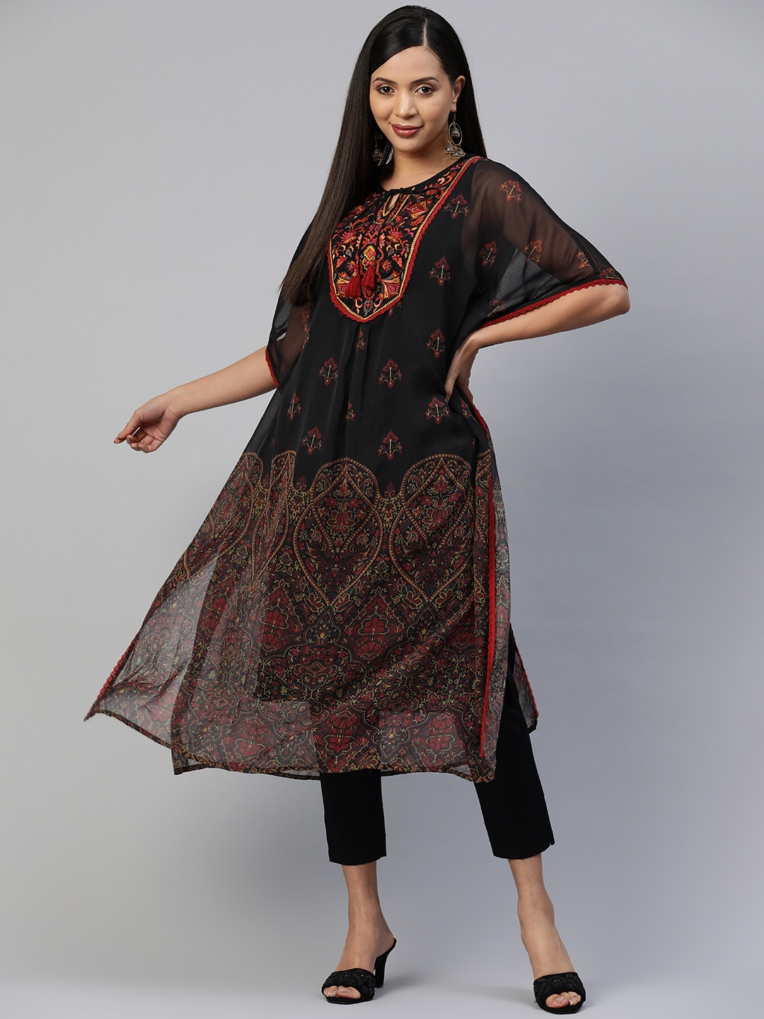 

Nayam By Lakshita Floral Flared Sleeves Thread Work Kaftan Kurta, Black