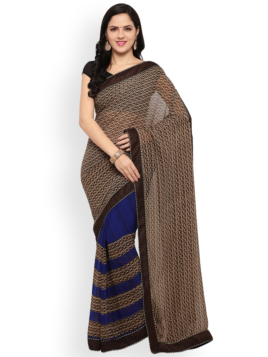 

Blissta Brown & Blue Poly Georgette Printed Saree