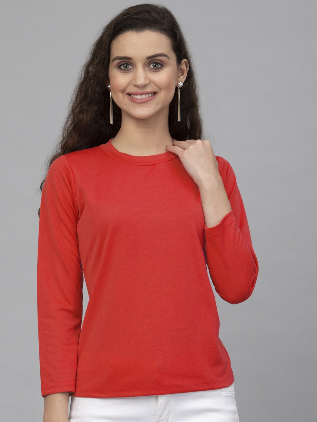 

Selvia Round Neck Three-Quarter Sleeves Top, Red