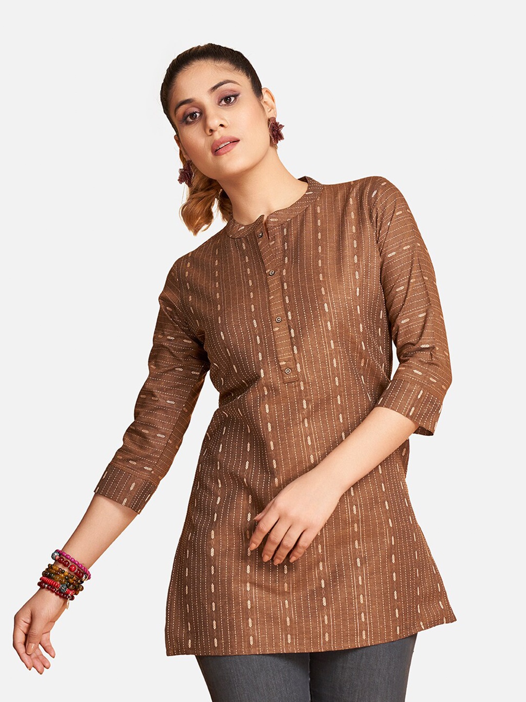 

SHOPGARB Striped Mandarin Collar Kurti, Brown