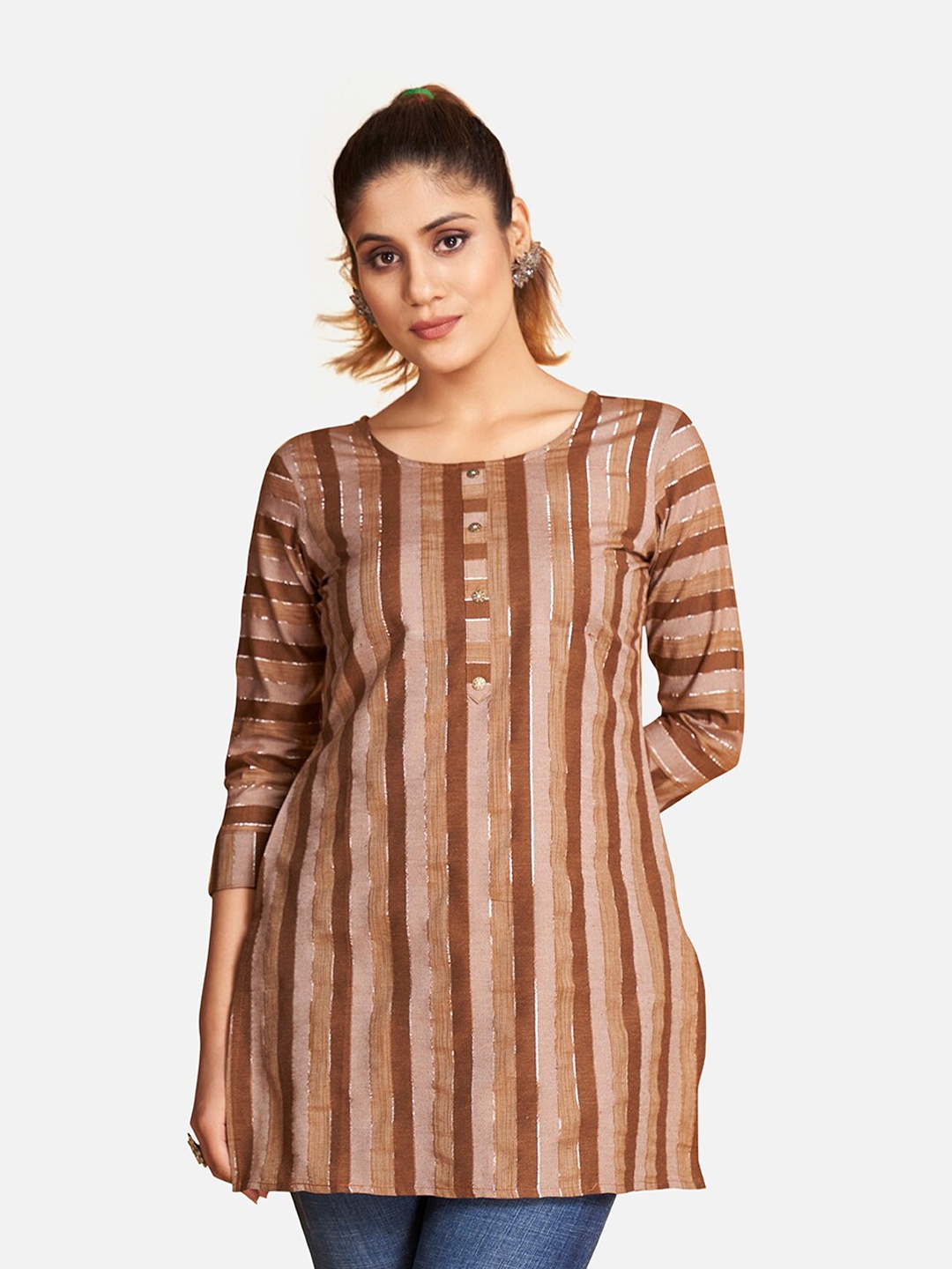 

SHOPGARB Striped Round Neck Kurti, Brown
