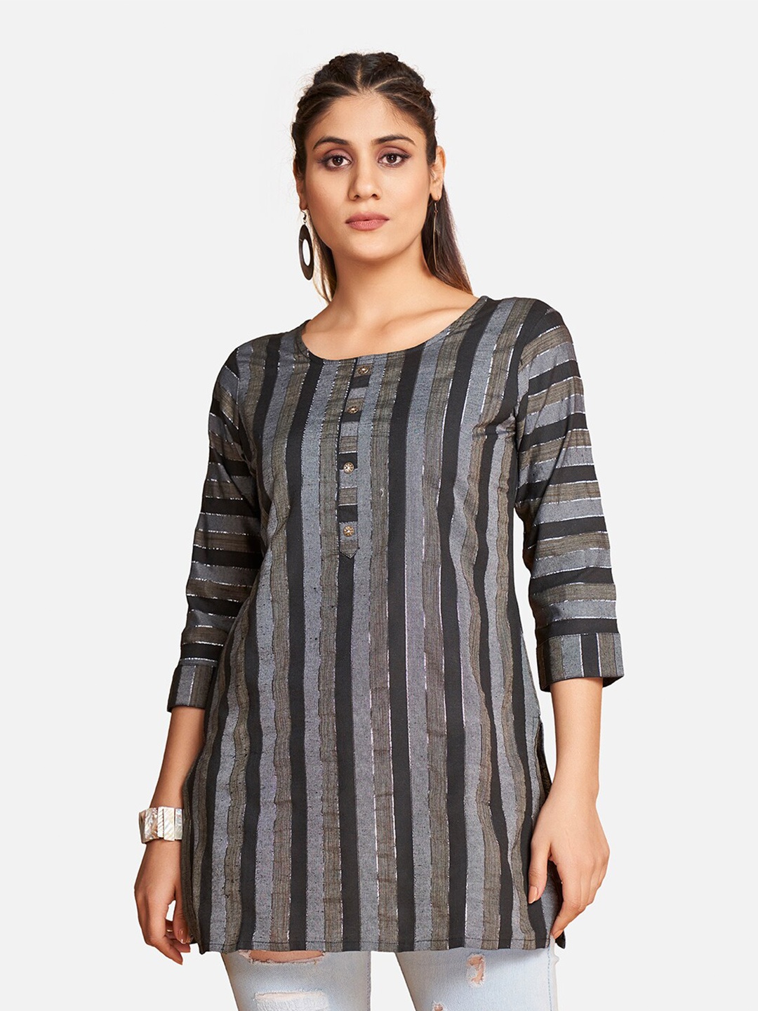 

SHOPGARB Striped Pure Cotton Straight Kurti, Black