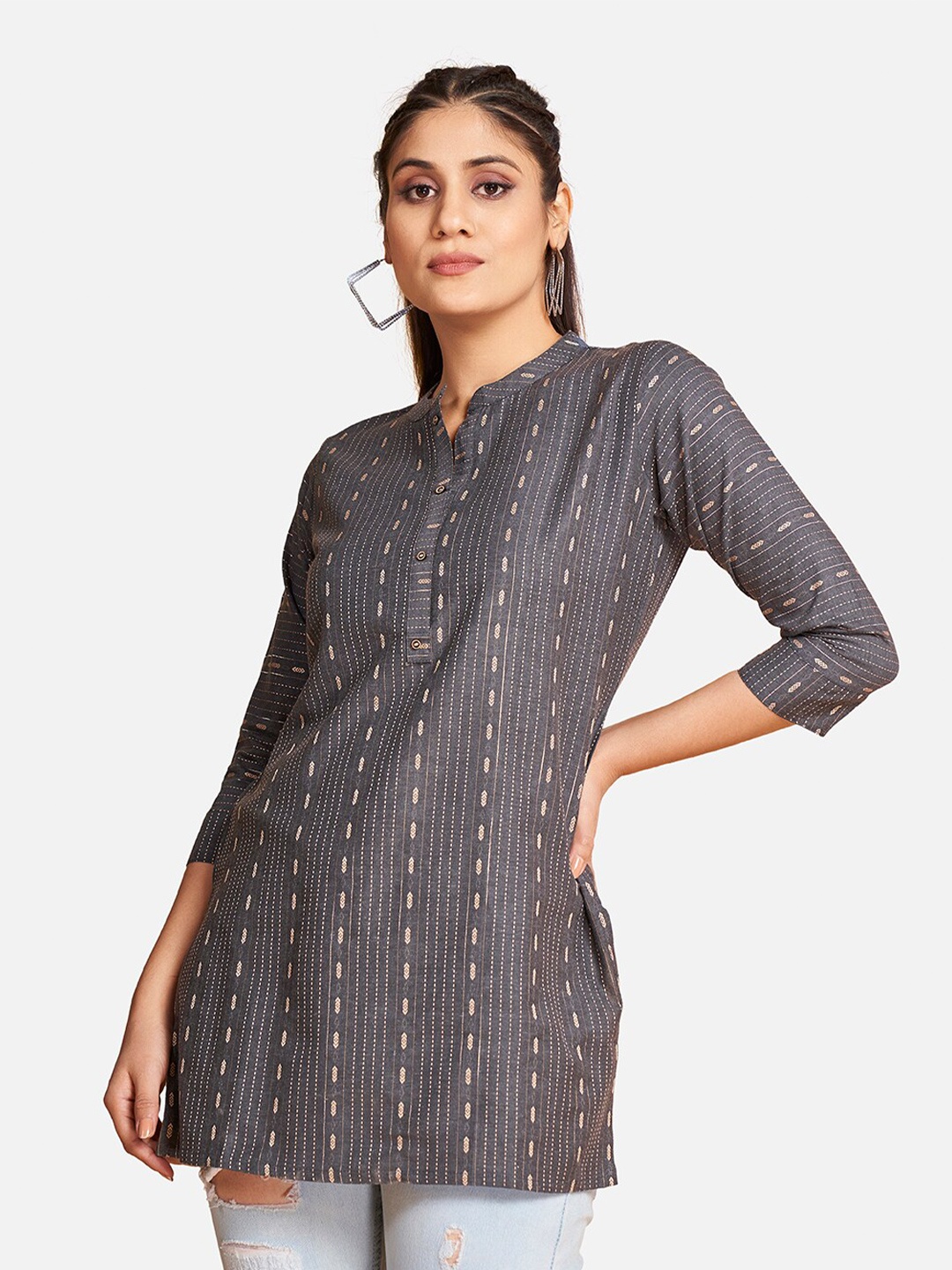 

SHOPGARB Striped Mandarin Collar Kurti, Grey