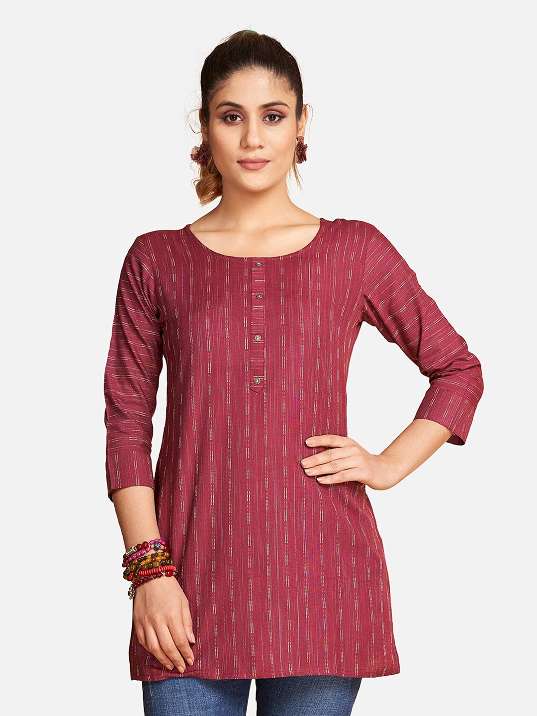 

SHOPGARB Striped Round Neck Kurti, Maroon