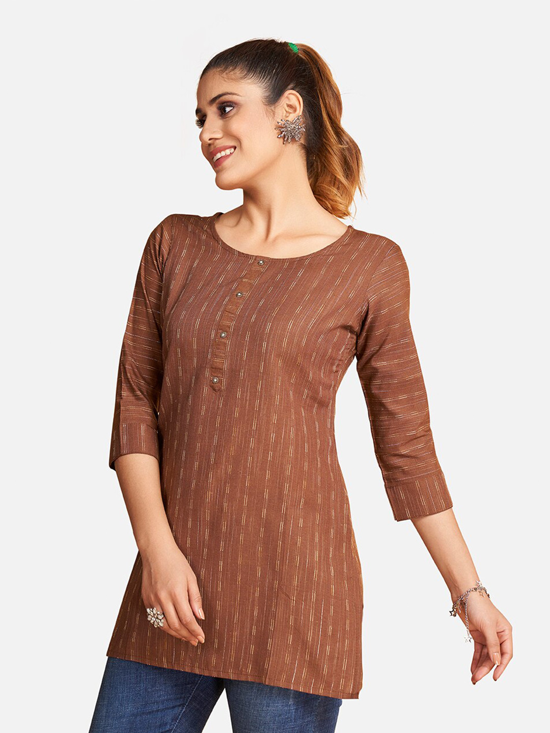 

SHOPGARB Striped Round Neck Kurti, Brown