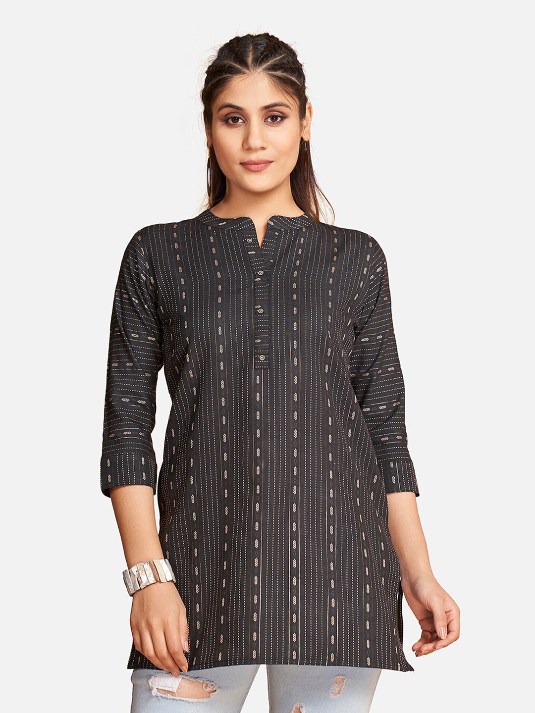 

SHOPGARB Striped Mandarin Collar Kurti, Black
