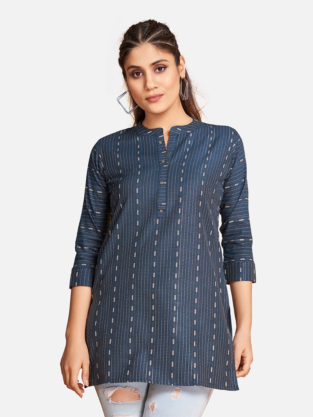 

SHOPGARB Striped Mandarin Collar Kurti, Blue