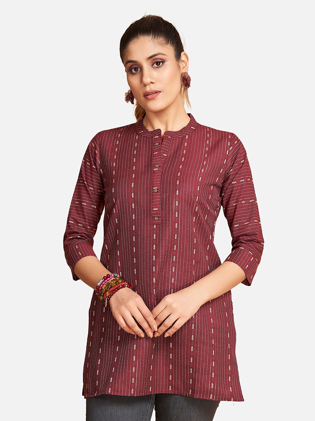 

SHOPGARB Mandarin Collar Ethnic MotifsPrinted Pure Cotton Kurti, Maroon