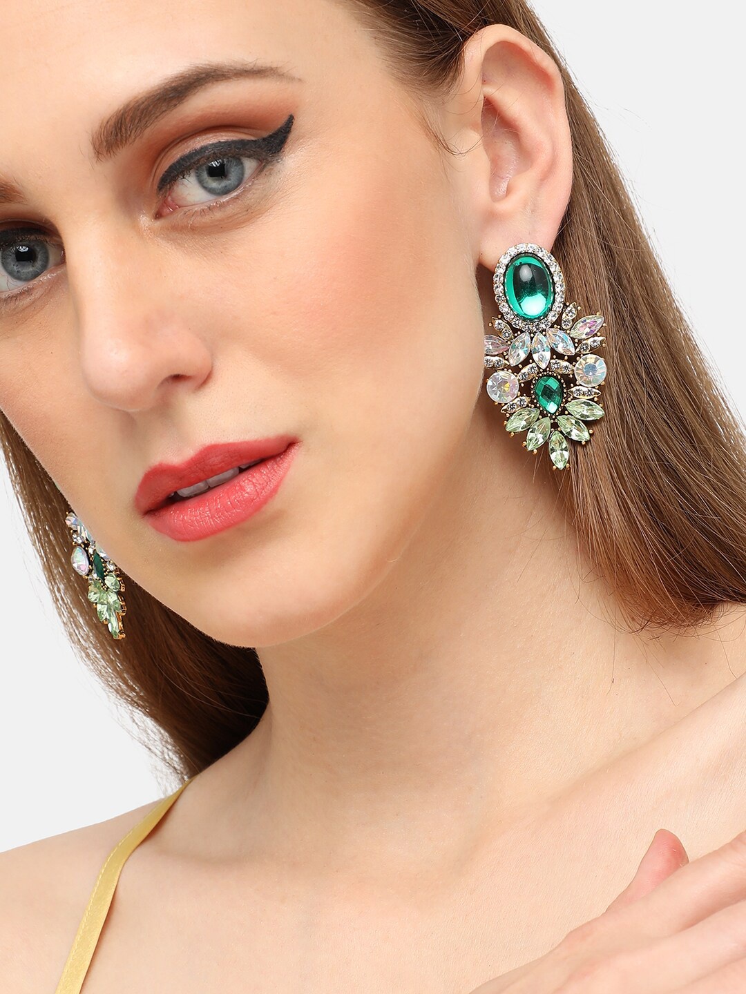 

SOHI Gold-Plated Stone-Studded Contemporary Drop Earrings