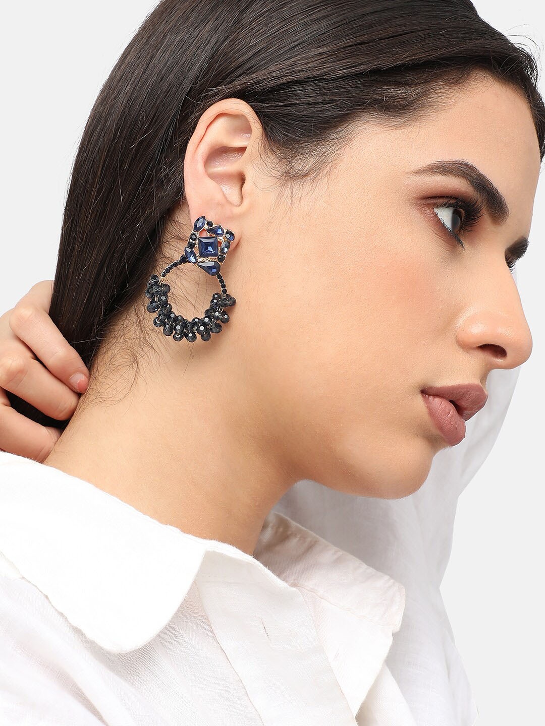 

SOHI Gold-Plated Stone-Studded & Beaded Contemporary Drop Earrings