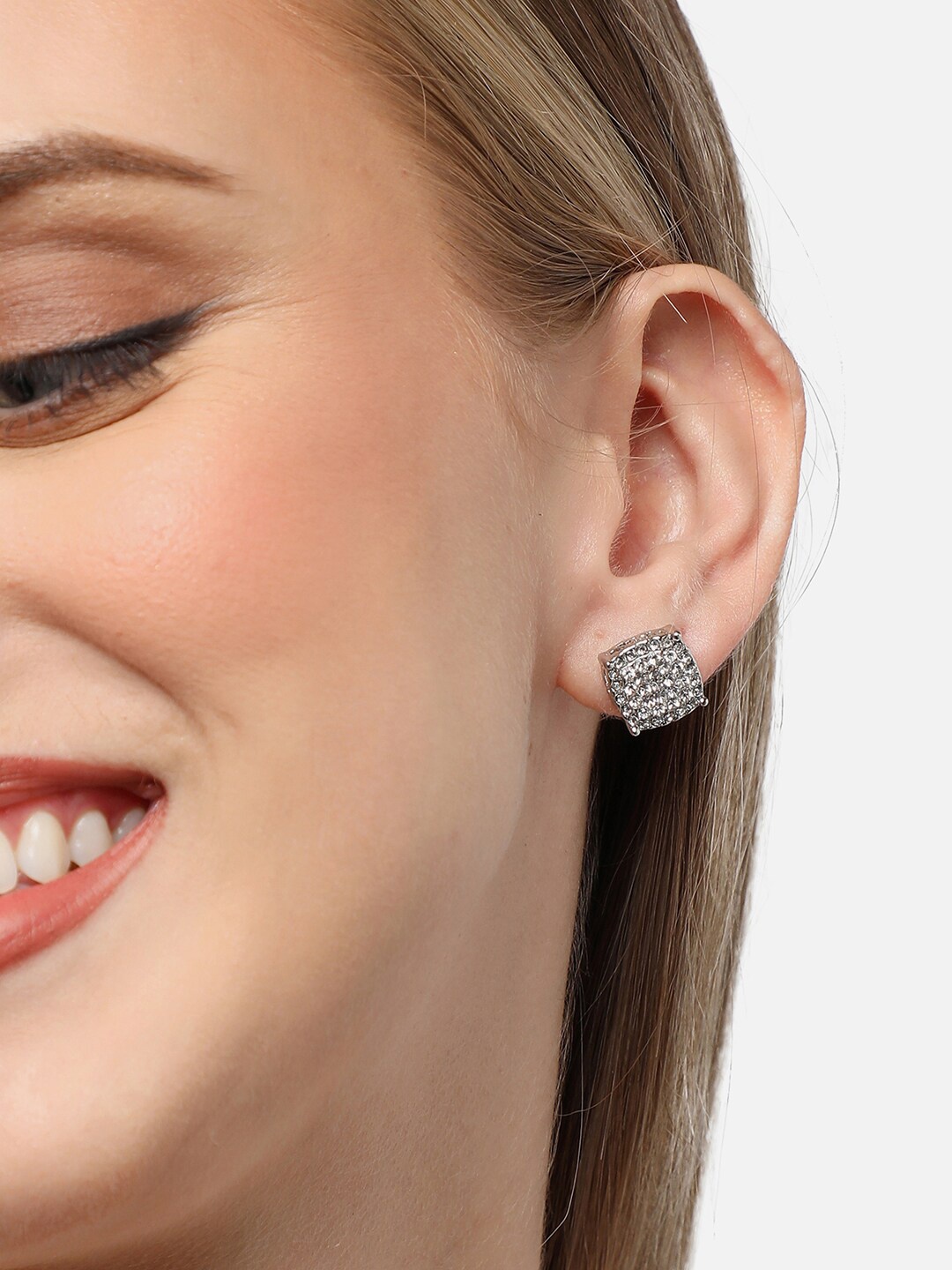 

SOHI Silver-Plated Contemporary Stone Studded Studs Earrings