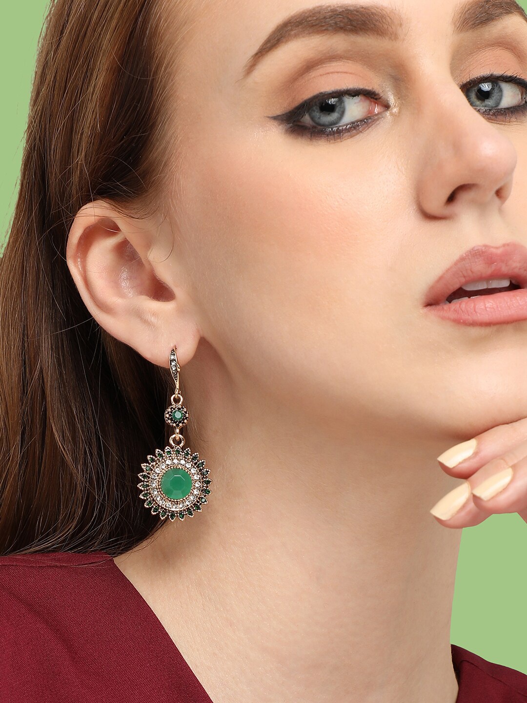 

SOHI Gold Plated Contemporary Drop Earrings, Green