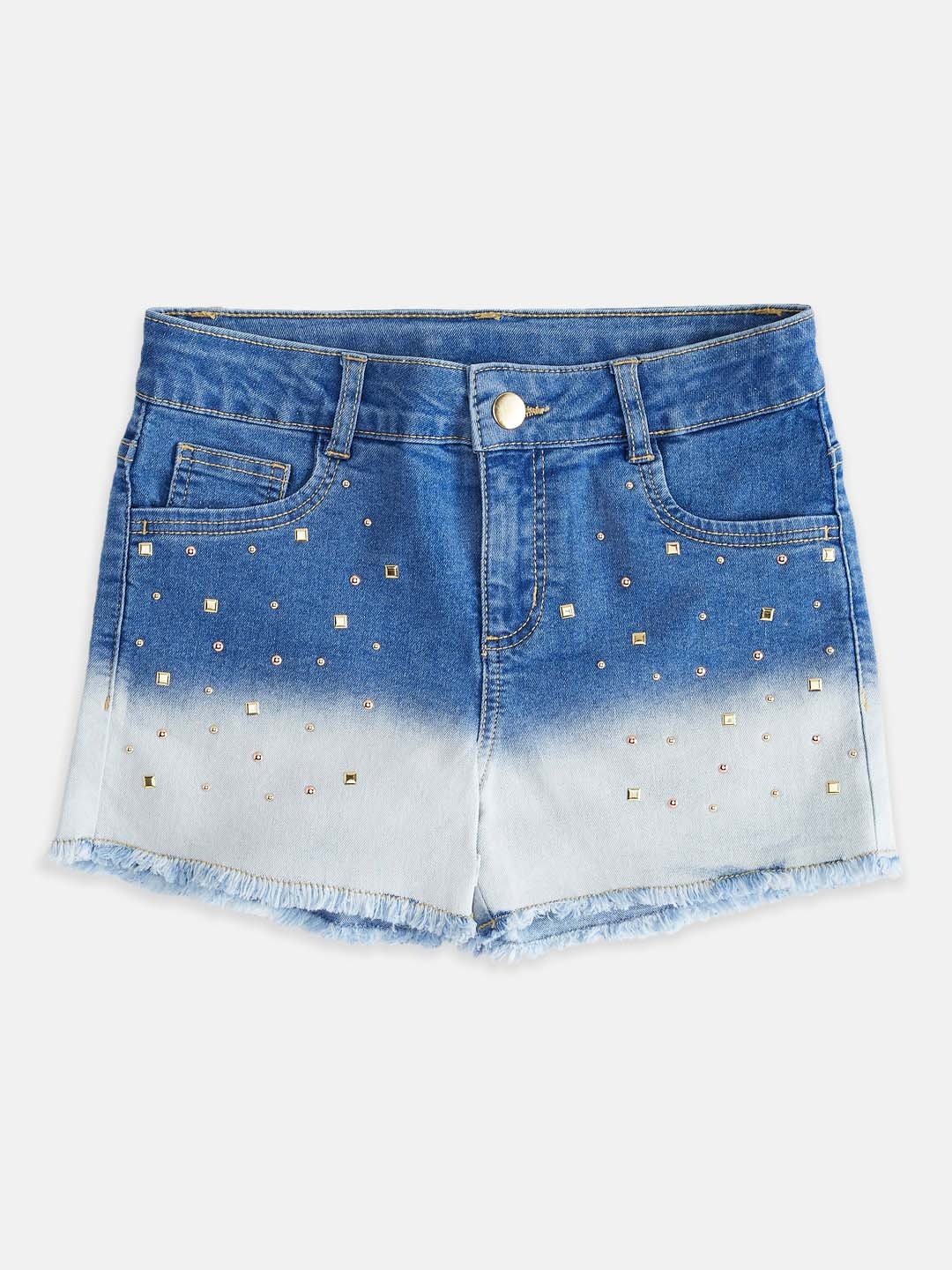 Pantaloons Junior Girls Washed Cotton Denim Shorts, Blue