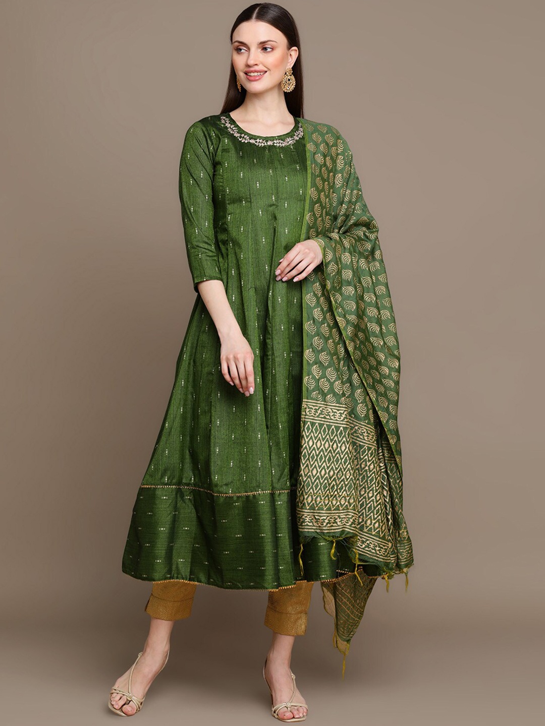 

HERE&NOW Woven Design Thread Work Anarkali Cotton Kurta With Dupatta, Green
