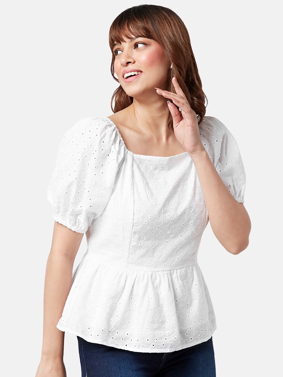 

YU by Pantaloons Geometric Self Design Cotton Square Neck Puff Sleeves Peplum Top, White