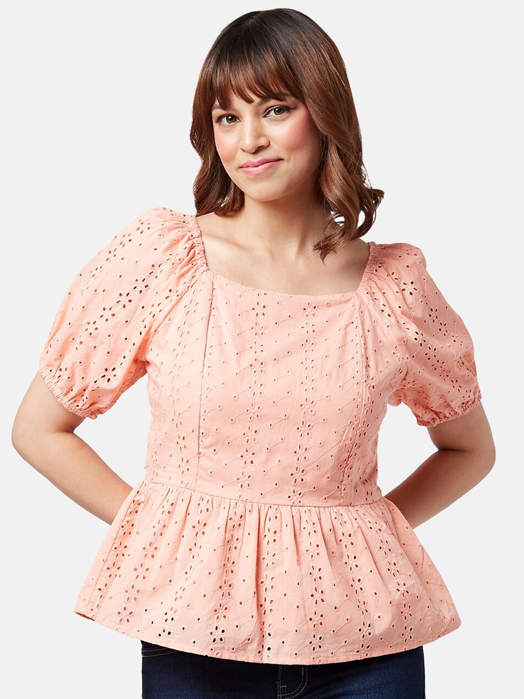 

YU by Pantaloons Puff Sleeves Cotton Peplum Top, Peach