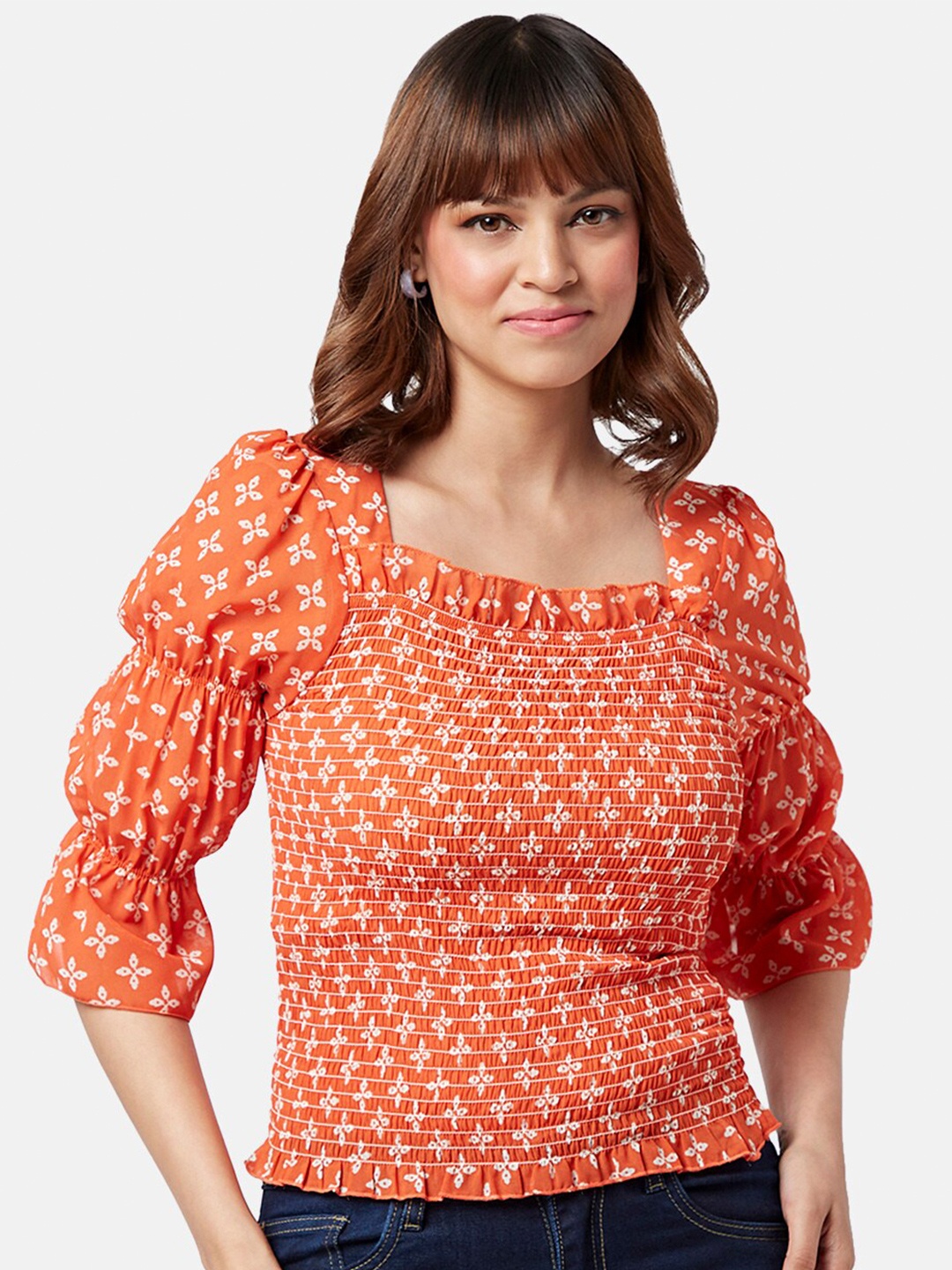 

YU by Pantaloons Floral Printed Square Neck Puff Sleeve Top, Orange