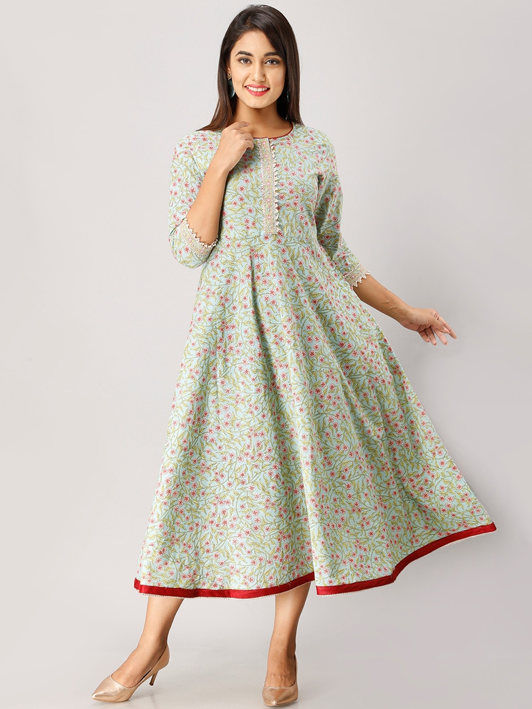 

FABRIC FITOOR Floral Printed Fit & Flare Cotton Midi Ethnic Dress, Sea green