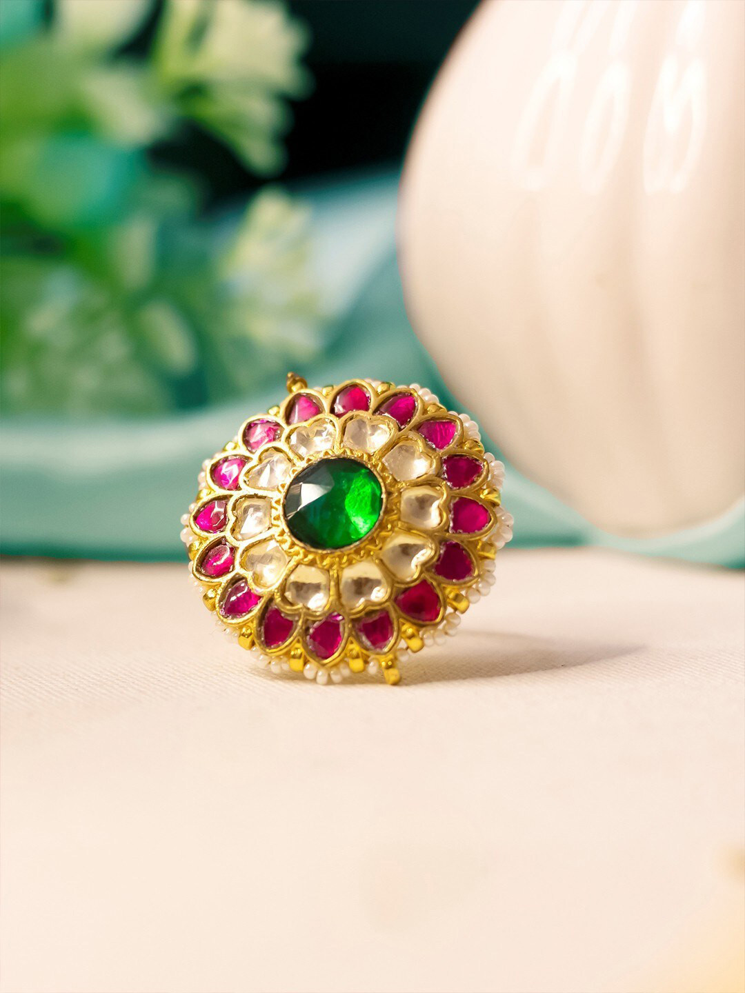 

Ishhaara Gold-Plated Kundan Studded & Beaded Sunflower Finger Ring