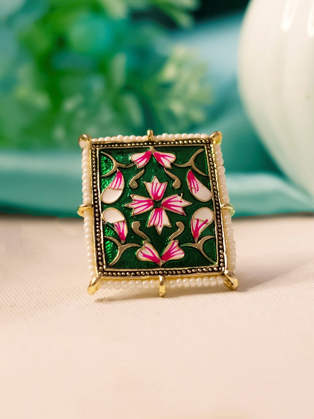 

Ishhaara Gold-Plated Hand Painted Square Cocktail Ring, Green