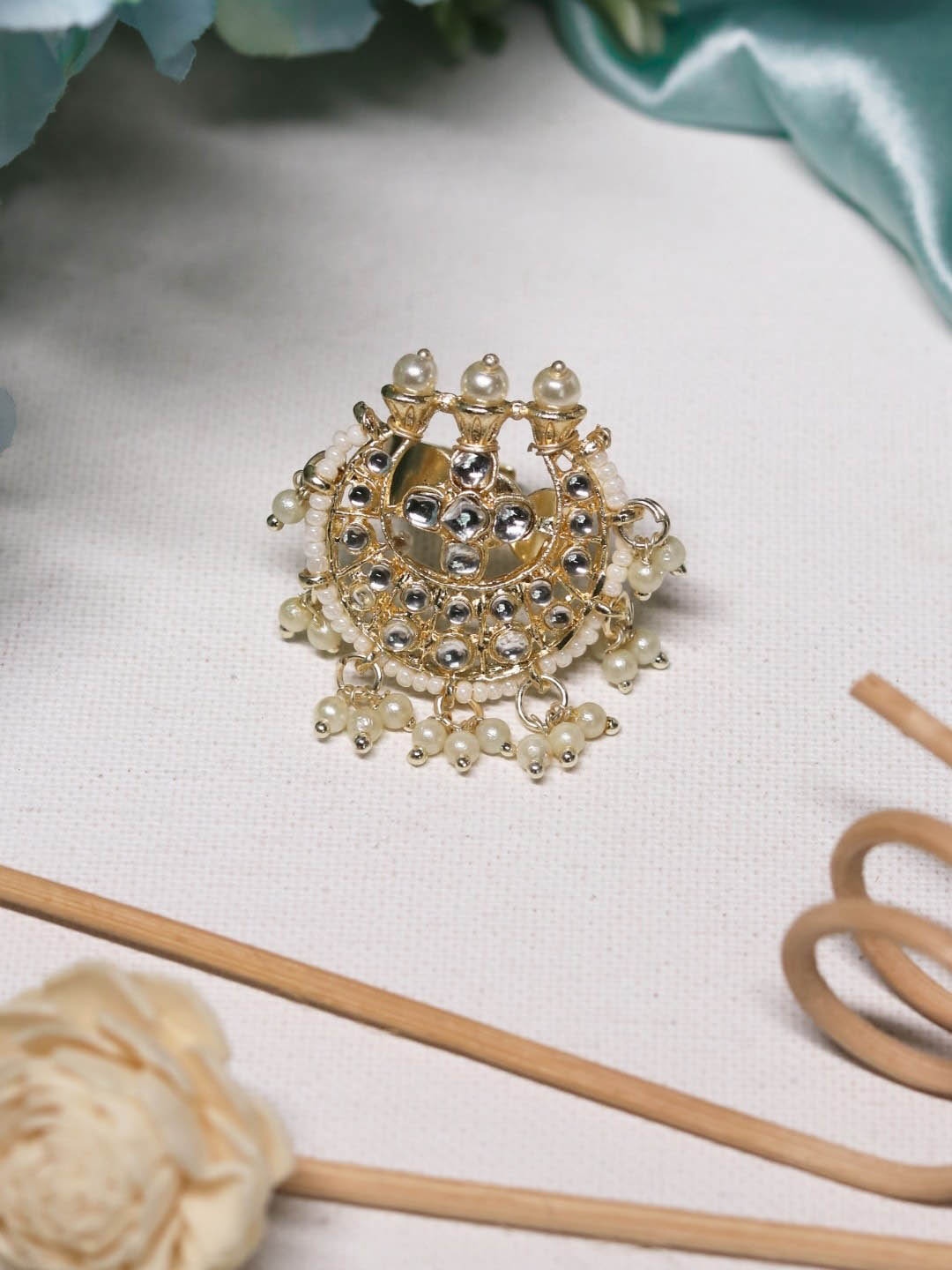 

Ishhaara Gold-Plated Stones-Studded & Beaded Finger Ring